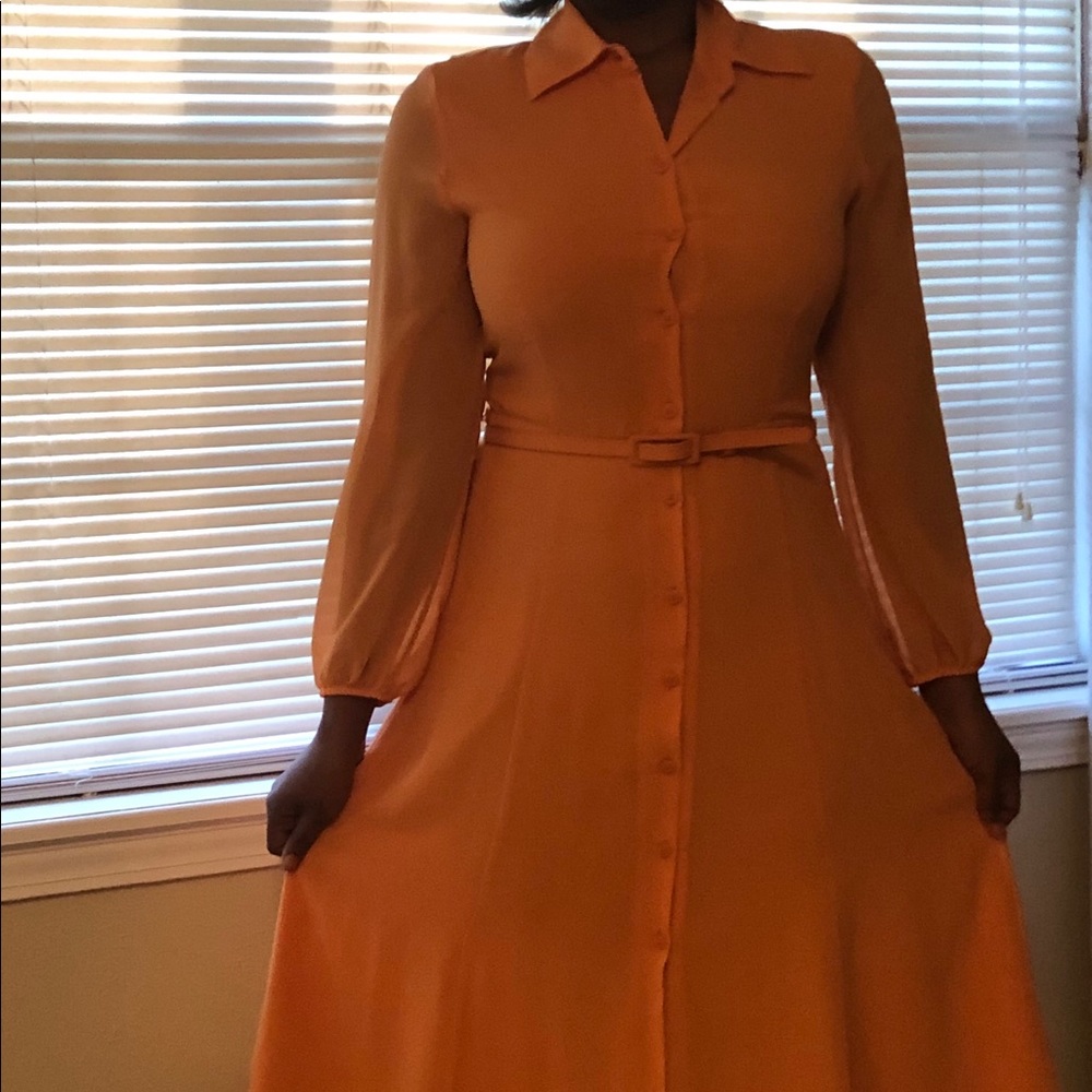 eva mendes for New York & Company Orange Button-Front Belted Maxi Dress